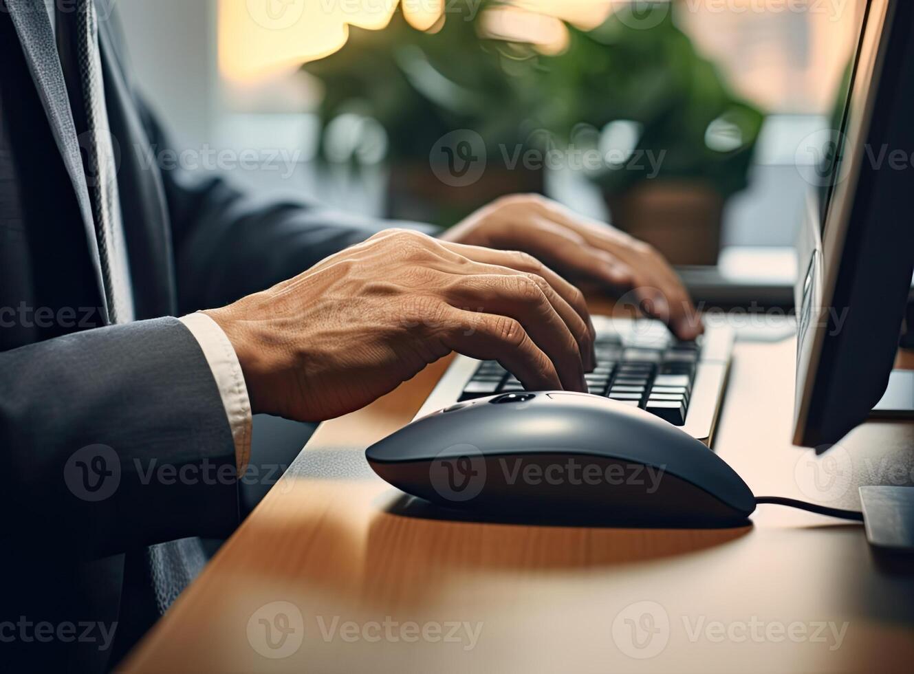 Close-up of unrecognizable businessman with smart watch sitting at desk and using wireless mouse and keyboard. Created with Generative AI technology. photo