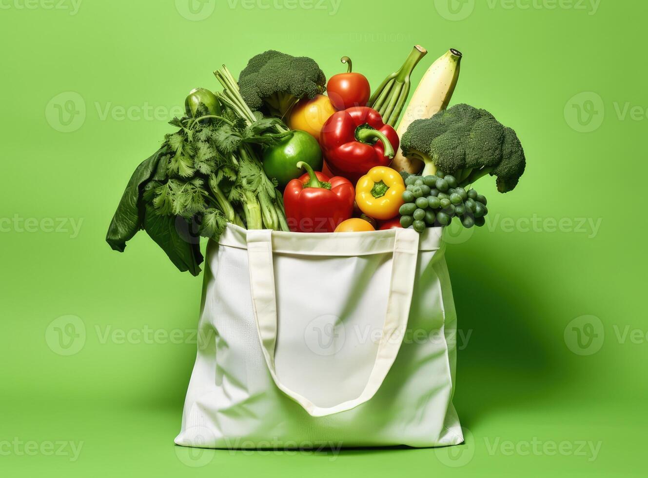 Eco bag with products on color background. Created with Generative AI technology. photo