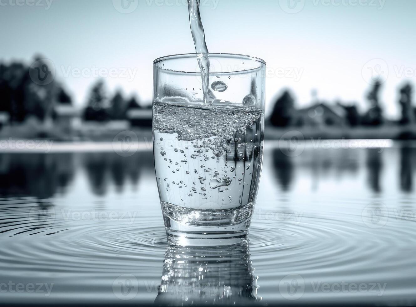 Pouring water into a glass against the nature background. Created with Generative AI technology. photo