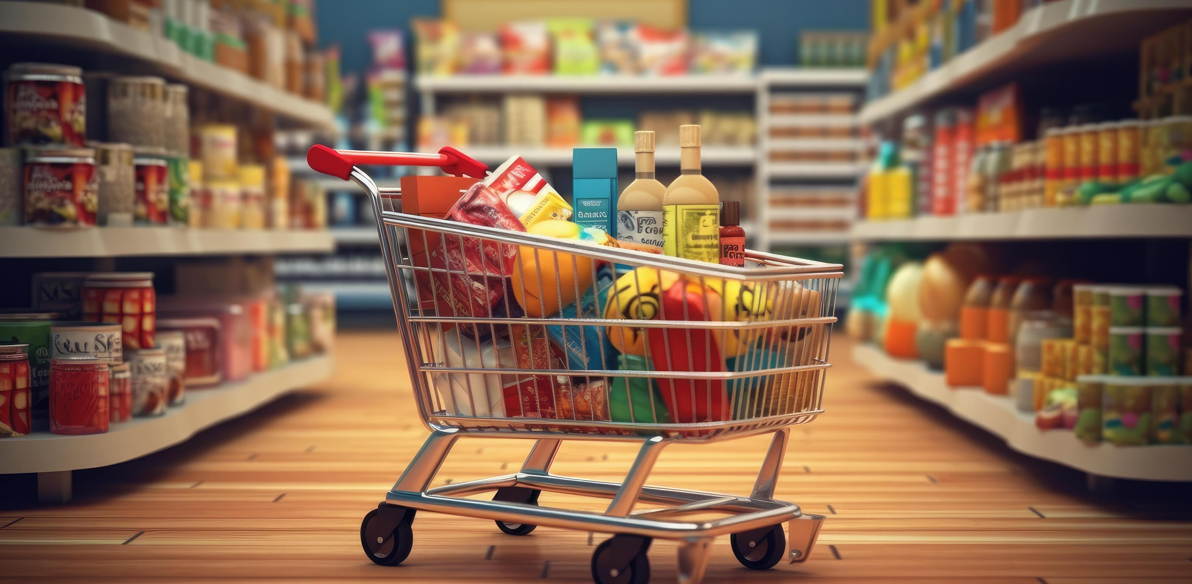Shopping cart filled with food and drinks and supermarket shelves in