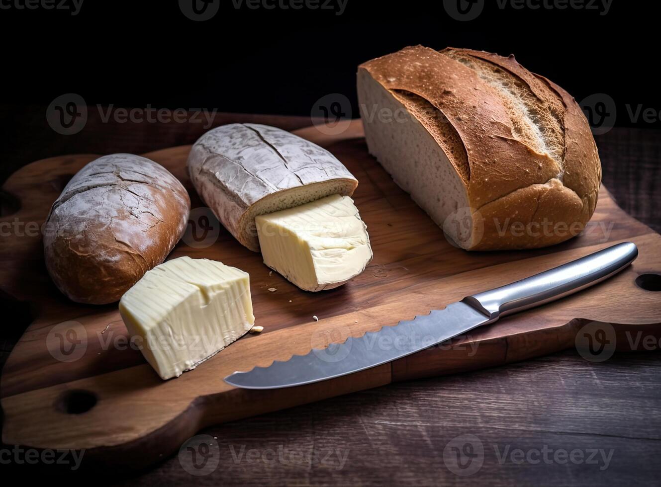 Foil wrapped processed cream cheese, table knife and slice of bread on a cutting board over blue wooden table. Small triangular pieces of soft cheese. Created with Generative AI technology. photo