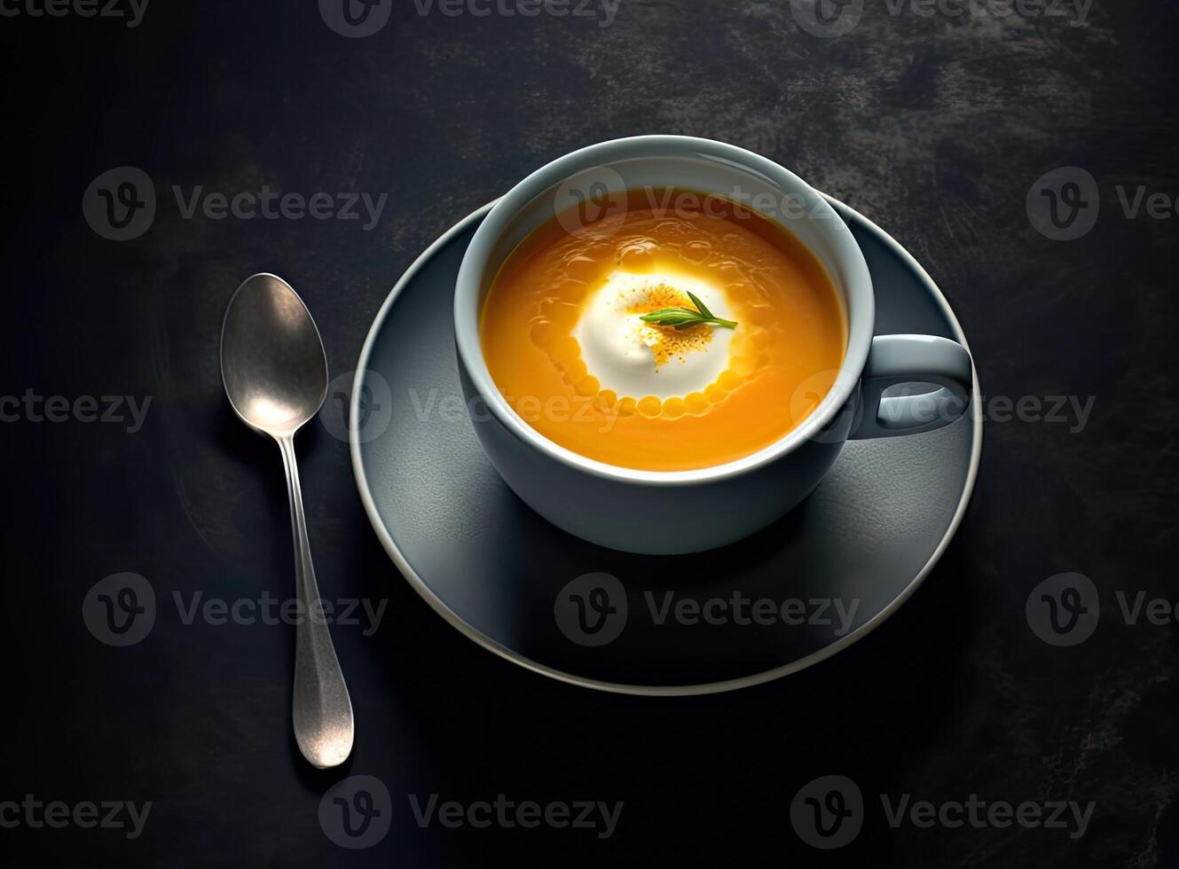 Fresh fish soup in bowl on black background, top view. Created with Generative AI technology. photo