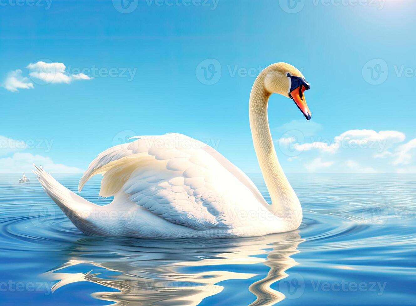 White swan in the foggy lake at the dawn. Morning lights. Romantic background. Beautiful swan. Cygnus. Romance of white swan with clear beautiful landscape. Created with Generative AI technology. photo