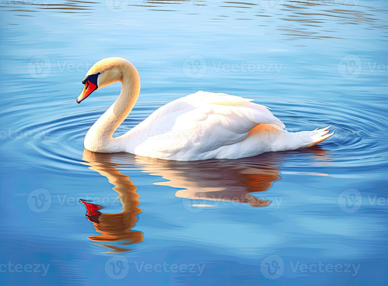 White swan in the foggy lake at the dawn. Morning lights. Romantic background. Beautiful swan. Cygnus. Romance of white swan with clear beautiful landscape. Created with Generative AI technology. photo