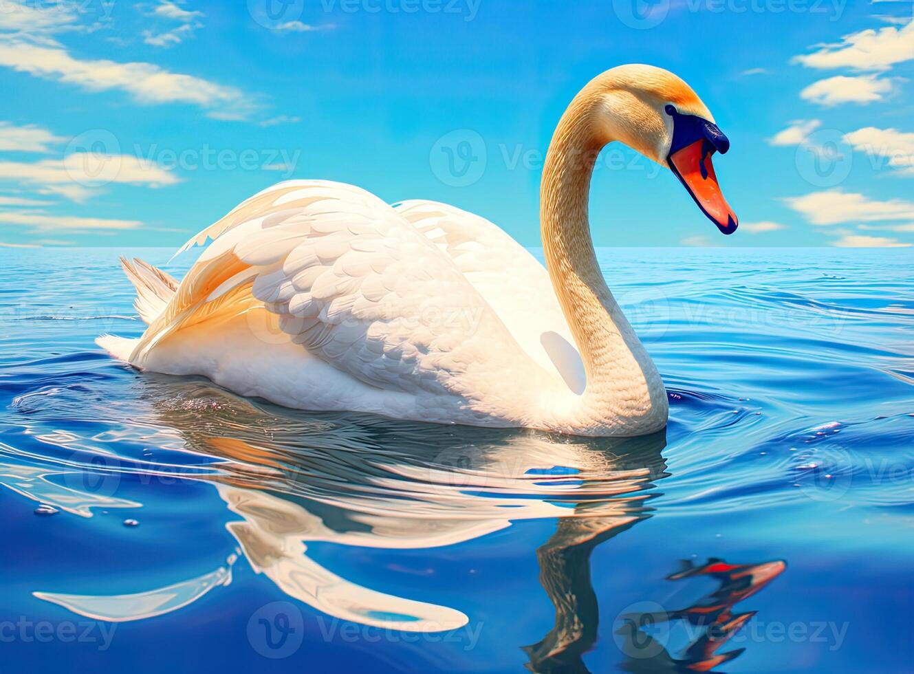 White swan in the foggy lake at the dawn. Morning lights. Romantic background. Beautiful swan. Cygnus. Romance of white swan with clear beautiful landscape. Created with Generative AI technology. photo