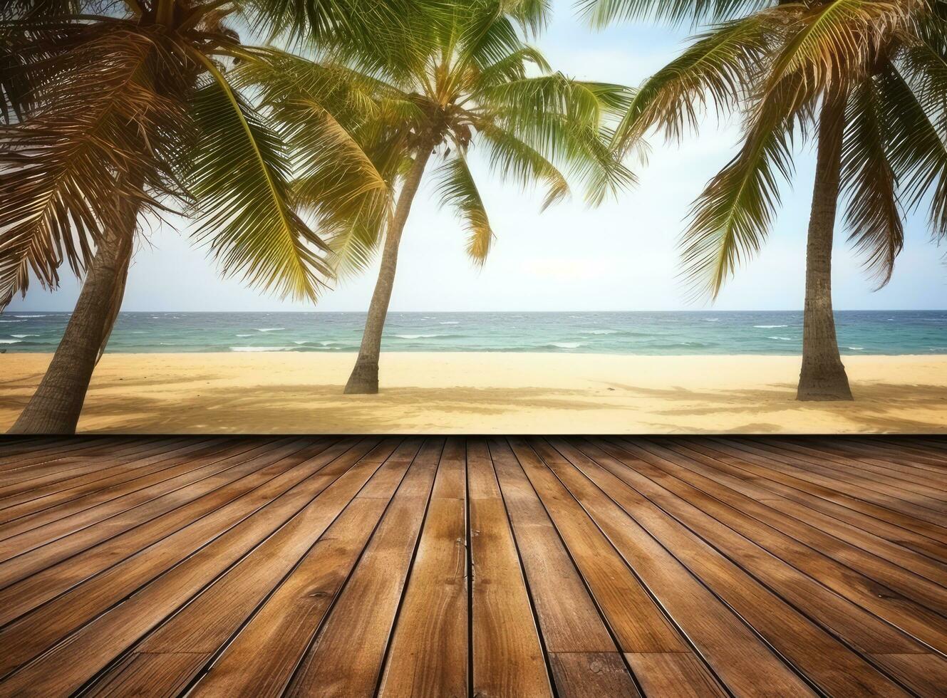 Empty wooden table and palm leaves with party on beach blurred background in summer time. Created with Generative AI technology. photo