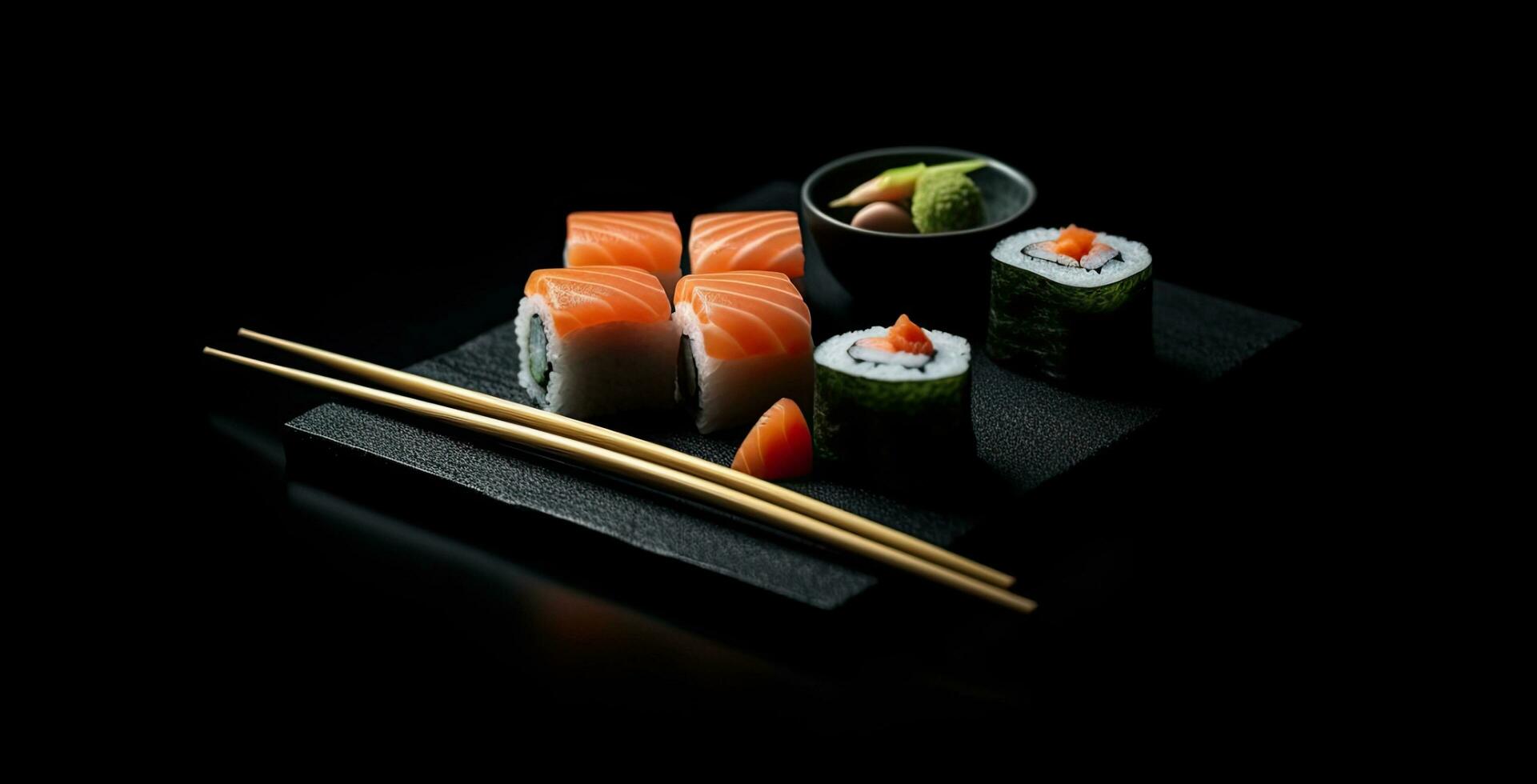 tradicional Sushi - Filadelfia con salmón, aguacate y queso. japonés cocina. parte superior vista. creado con generativo ai tecnología. foto