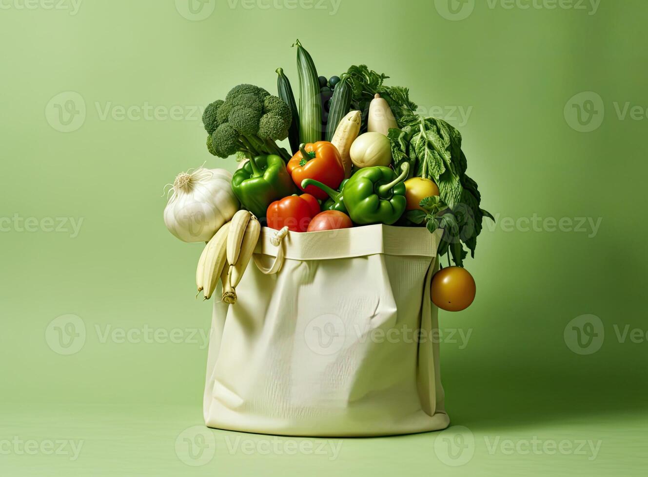 Eco bag with products on color background. Created with Generative AI technology. photo