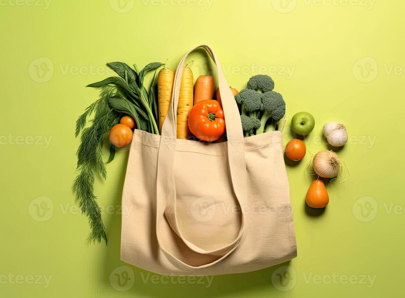 Eco bag with products on color background. Created with Generative AI technology. photo