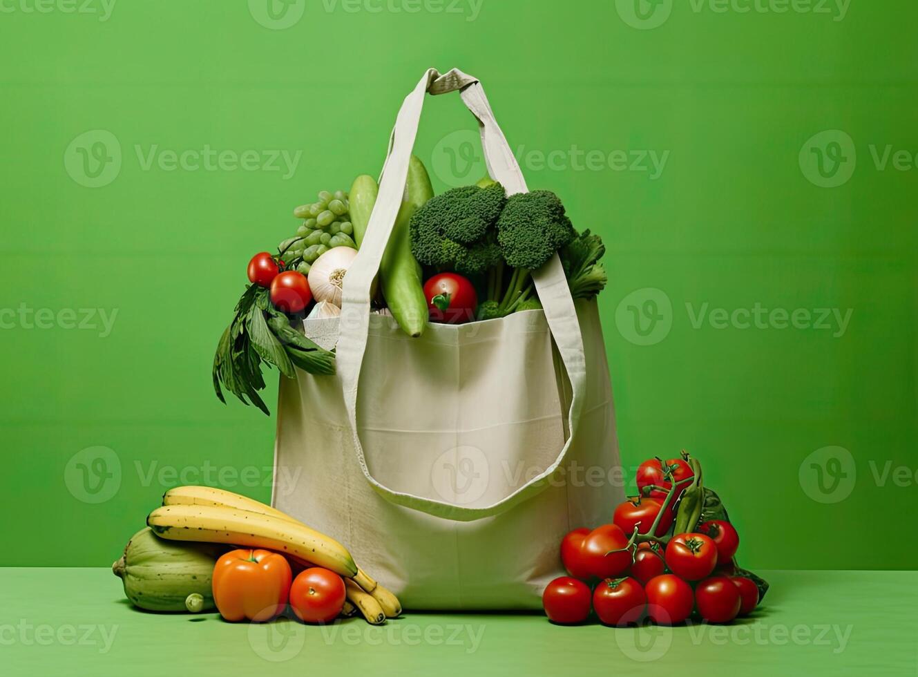 Eco bag with products on color background. Created with Generative AI technology. photo