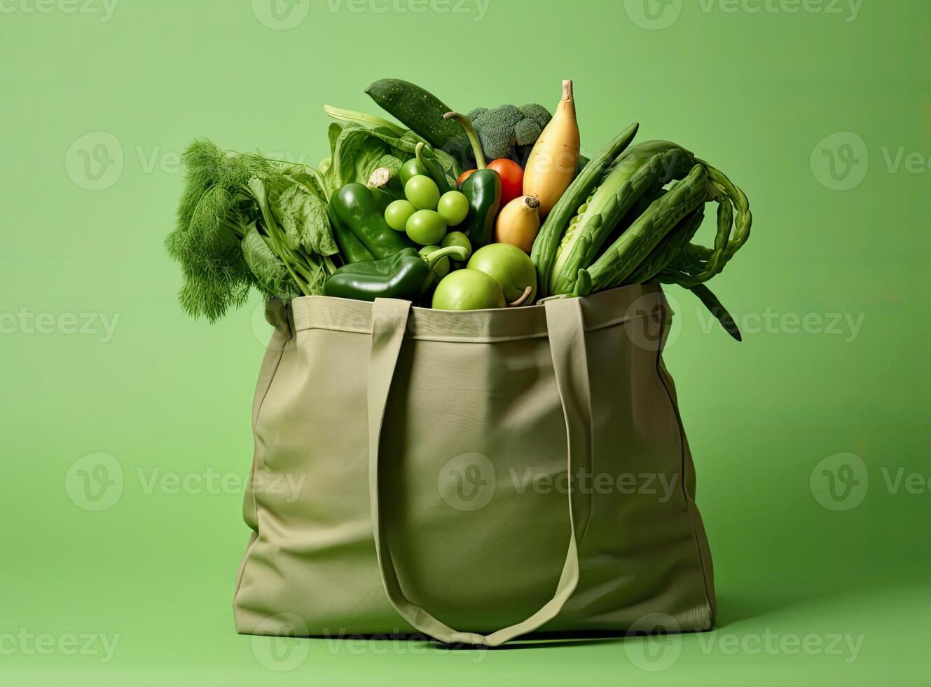 Eco bag with products on color background. Created with Generative AI technology. photo