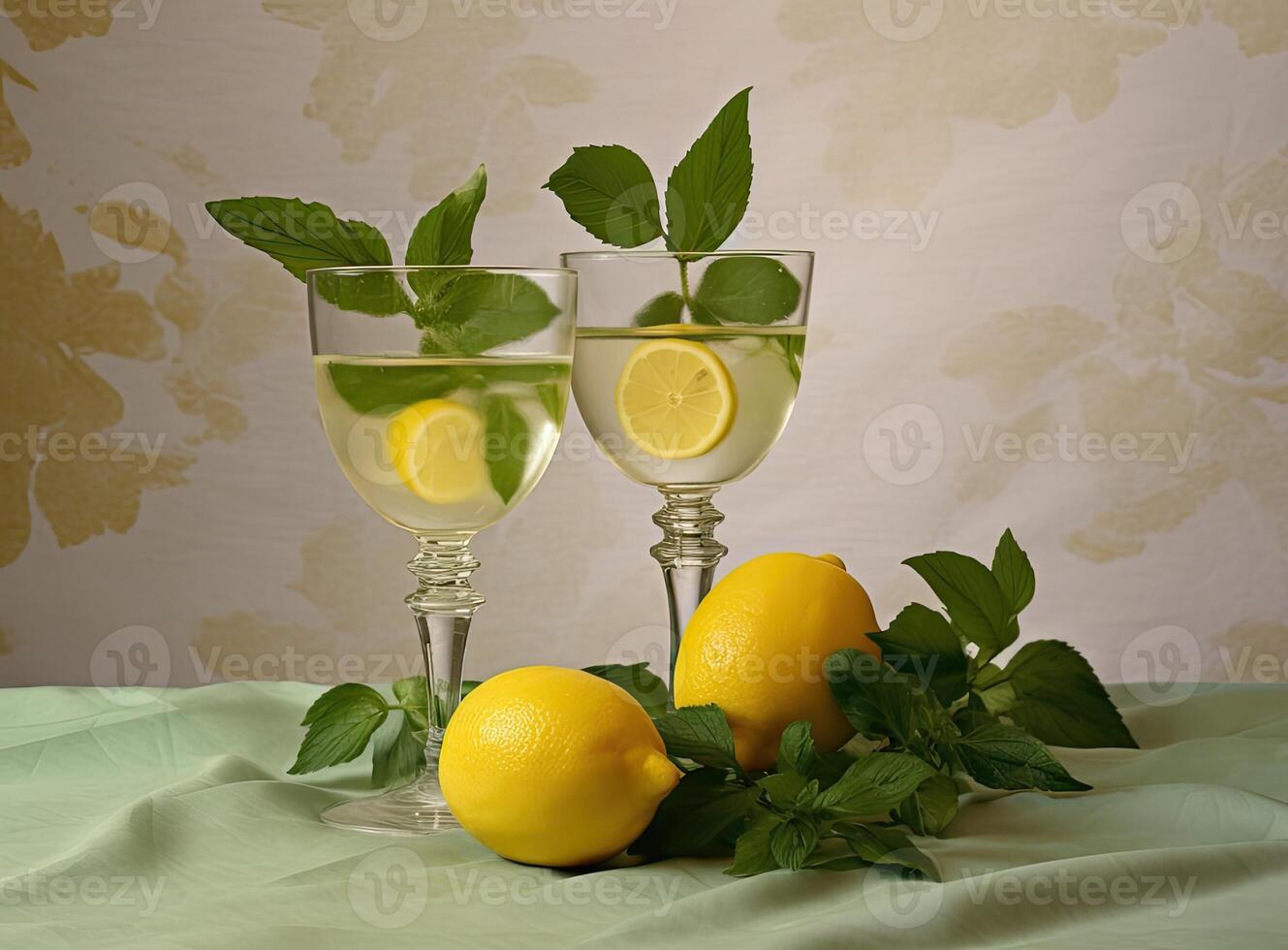 Organic cold refreshing lemonade drink or cocktail made of sparkling water, lime slices and fresh green mint leaves served in tall drinking glass Created with Generative AI technology. photo