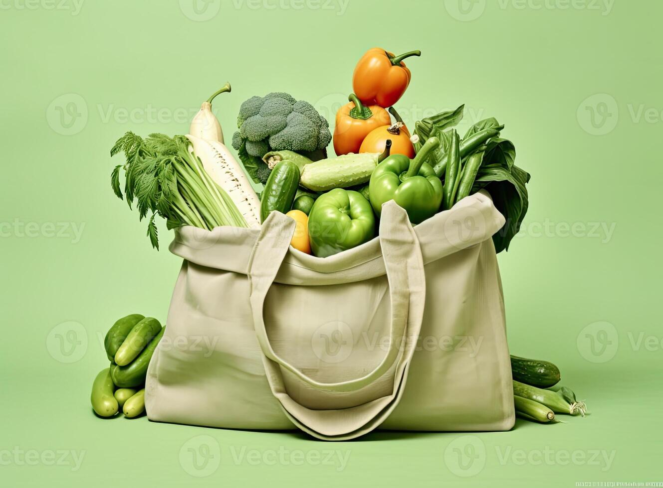 Eco bag with products on color background. Created with Generative AI technology. photo