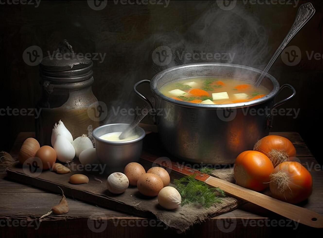 Fresh fish soup in bowl on black background, top view. Created with Generative AI technology. photo