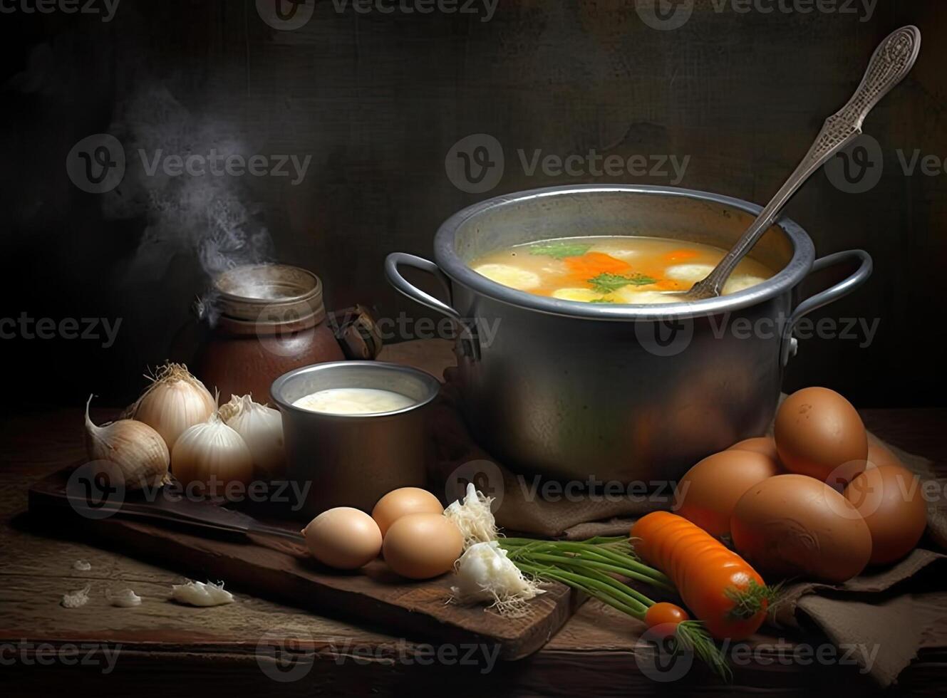 Fresh fish soup in bowl on black background, top view. Created with Generative AI technology. photo