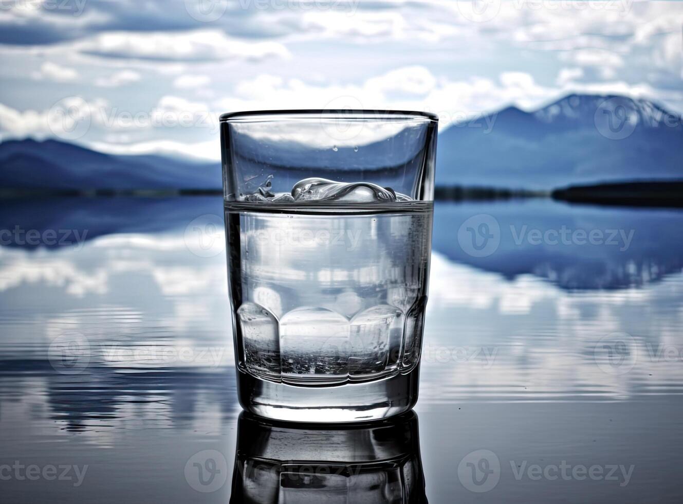 Pouring water into a glass against the nature background. Created with Generative AI technology. photo