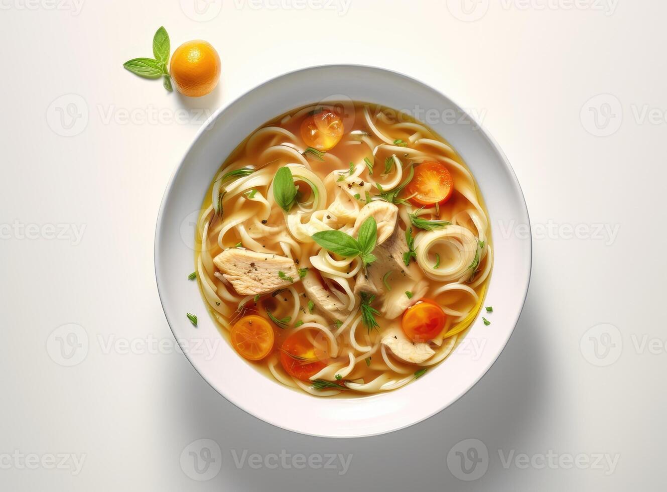 Homemade chicken soup with noodles and vegetables in a white bowl, white background. Healthy warm comfortable food. Created with Generative AI technology. photo