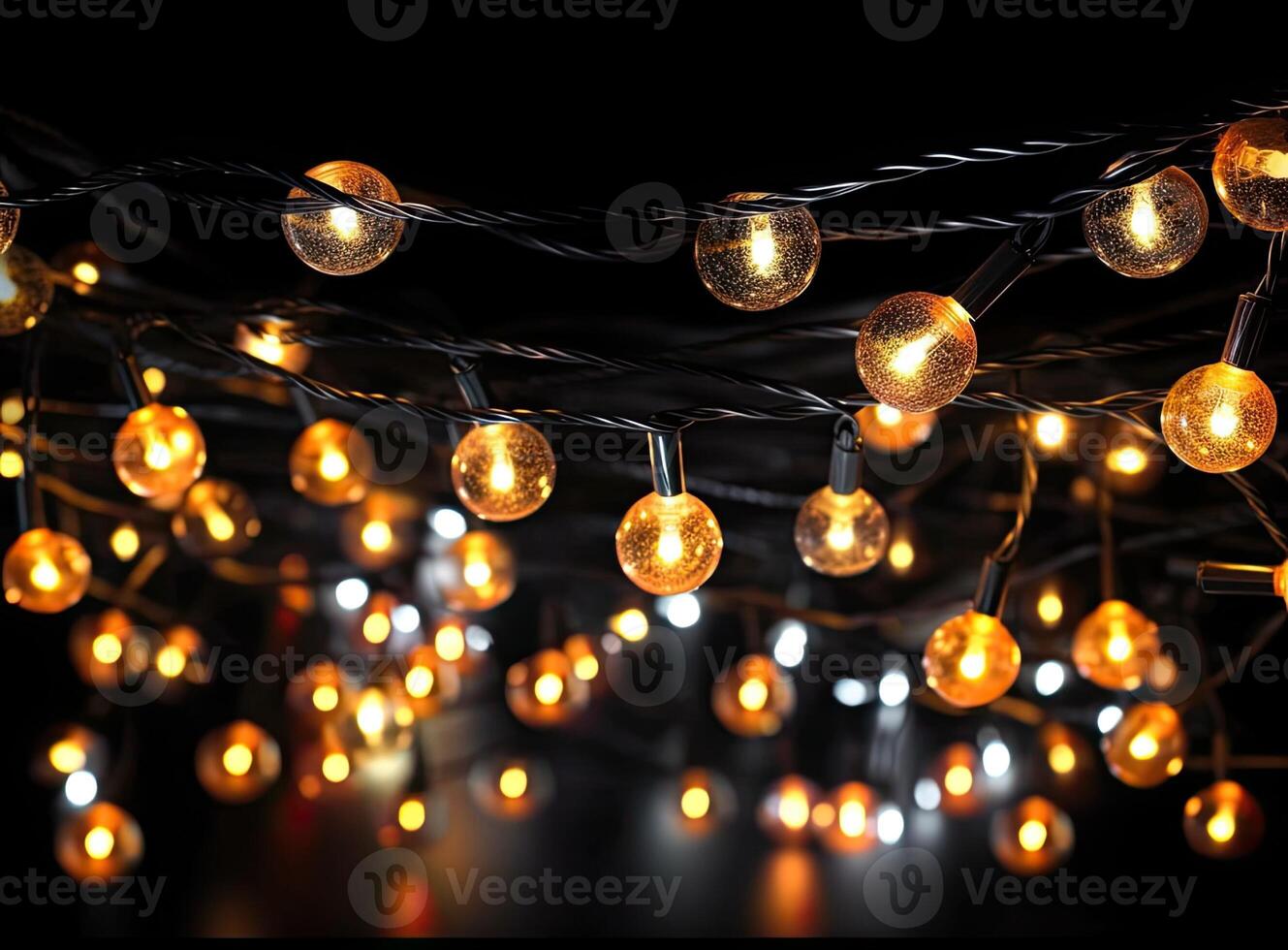 Light bulb decor on a dark background, at night. Created with Generative AI technology. photo