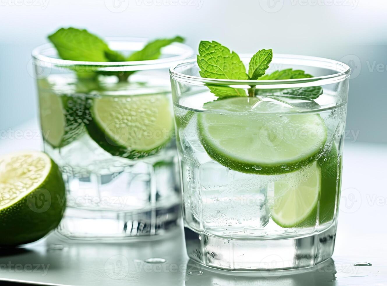Organic cold refreshing lemonade drink or cocktail made of sparkling water, lime slices and fresh green mint leaves served in tall drinking glass Created with Generative AI technology. photo