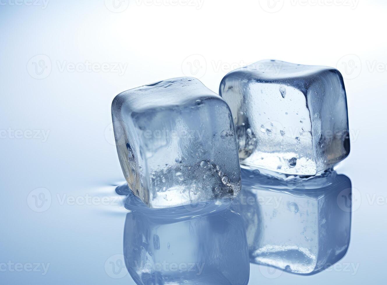 Three melting ice cubes on glass table. On white background. Created with Generative AI technology. photo