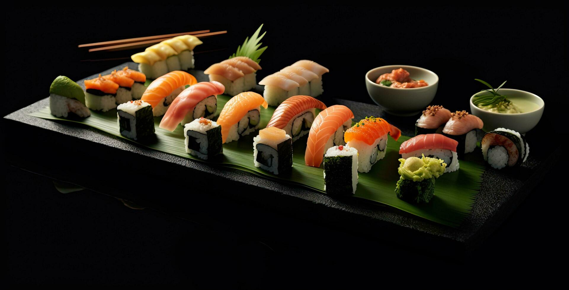 tradicional Sushi - Filadelfia con salmón, aguacate y queso. japonés cocina. parte superior vista. creado con generativo ai tecnología. foto