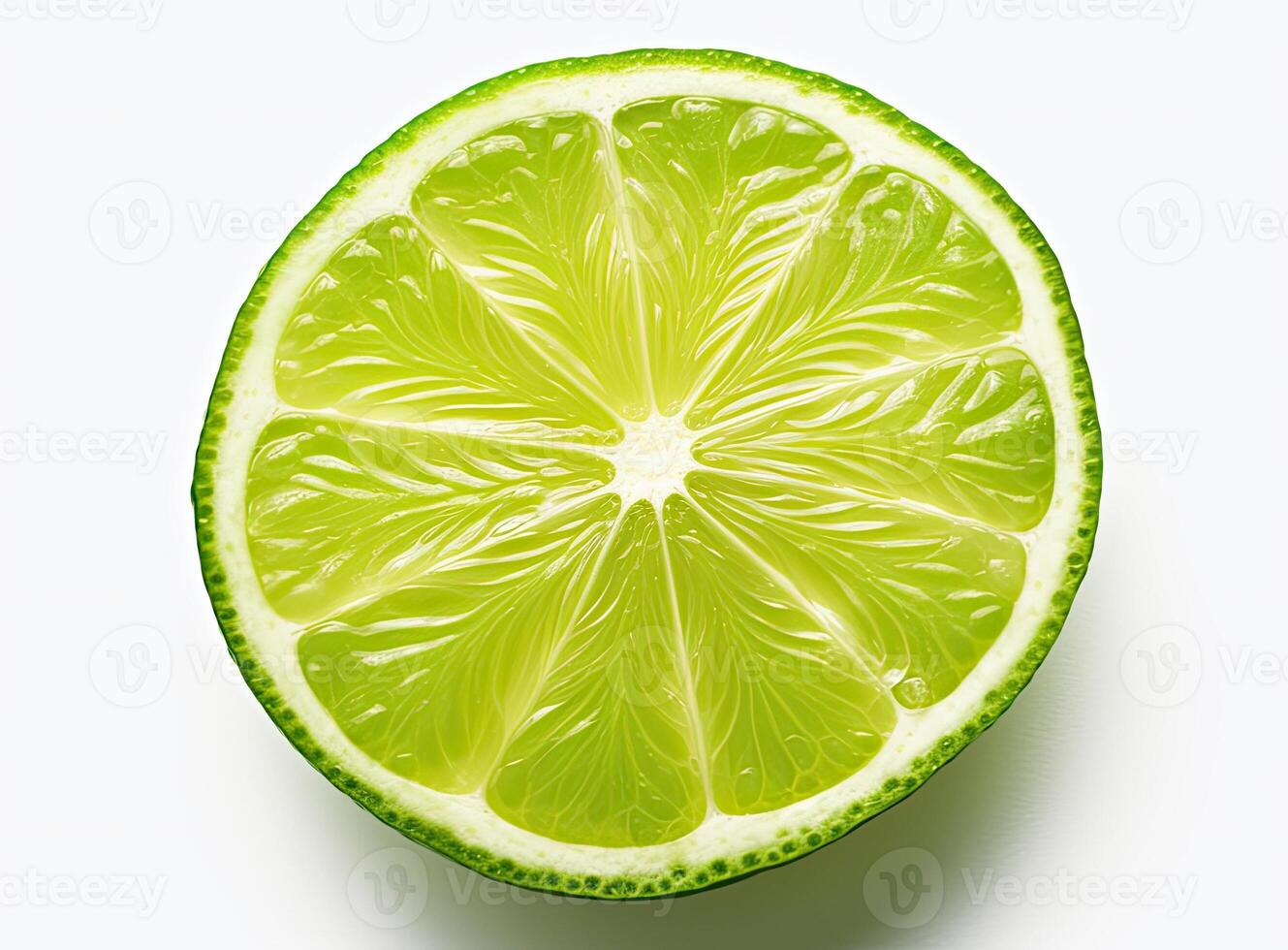 Natural fresh lime with water drops and sliced, green leaf isolated on white background. Created with Generative AI technology. photo