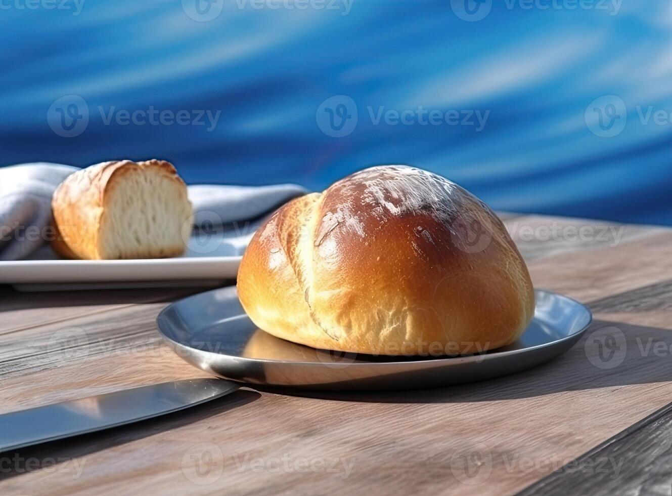 Foil wrapped processed cream cheese, table knife and slice of bread on a cutting board over blue wooden table. Small triangular pieces of soft cheese. Created with Generative AI technology. photo