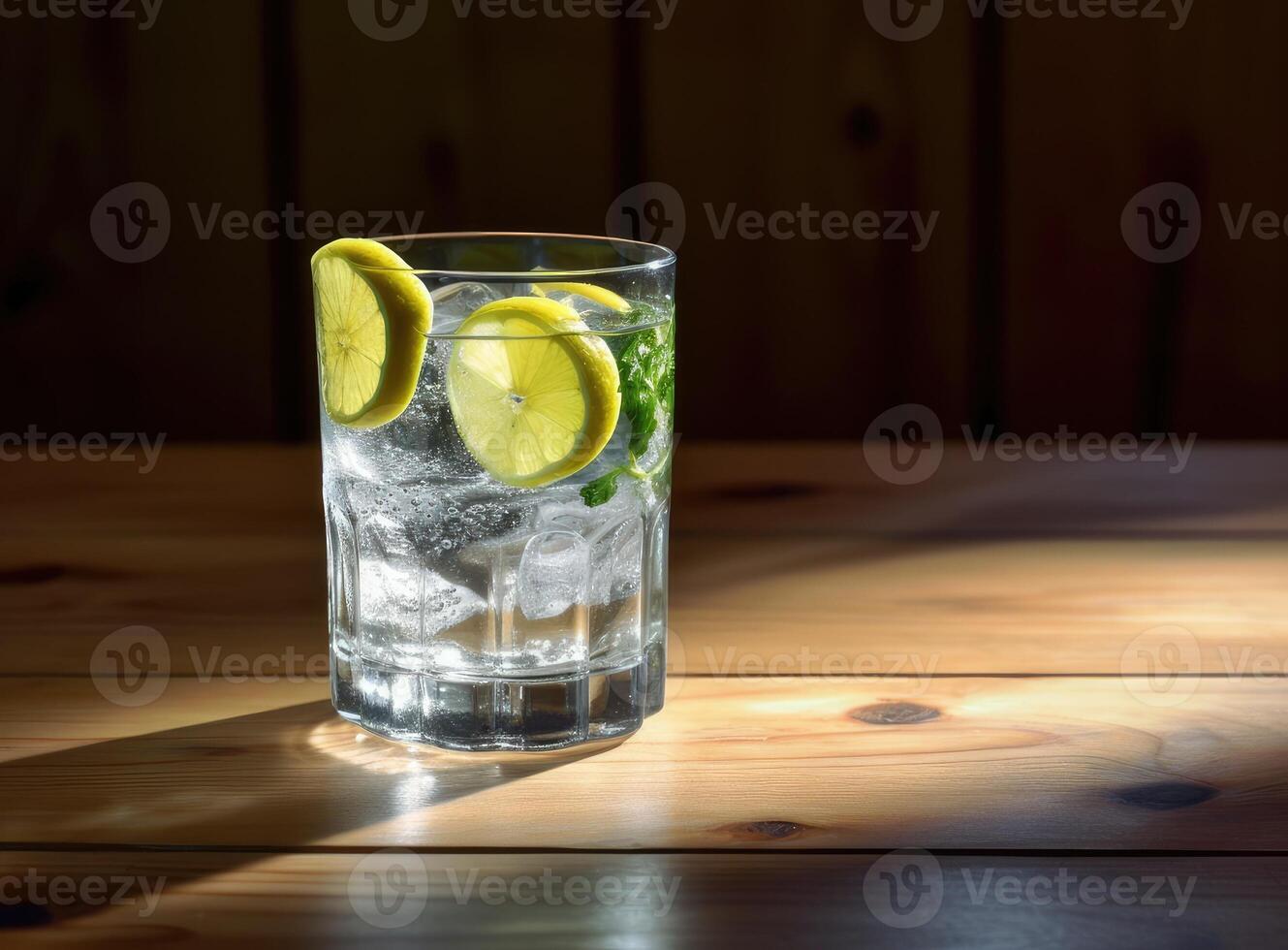 Organic cold refreshing lemonade drink or cocktail made of sparkling water, lime slices and fresh green mint leaves served in tall drinking glass Created with Generative AI technology. photo