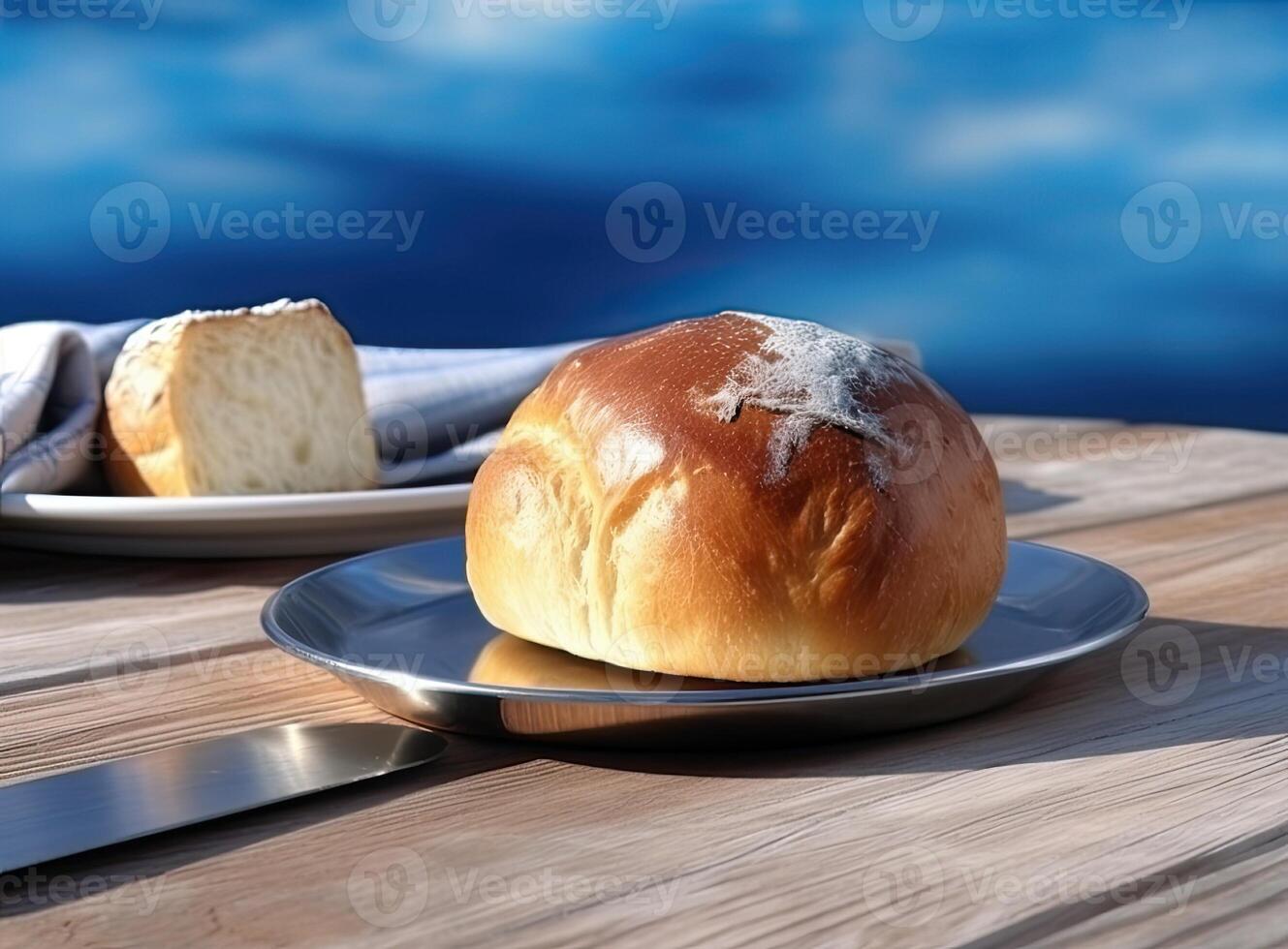 Foil wrapped processed cream cheese, table knife and slice of bread on a cutting board over blue wooden table. Small triangular pieces of soft cheese. Created with Generative AI technology. photo