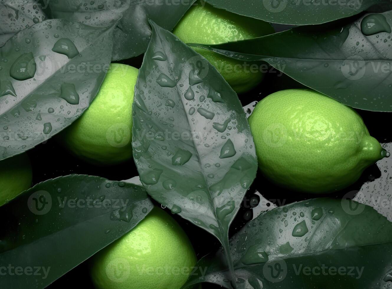 Natural fresh lime with water drops and sliced, green leaf isolated on white background. Created with Generative AI technology. photo