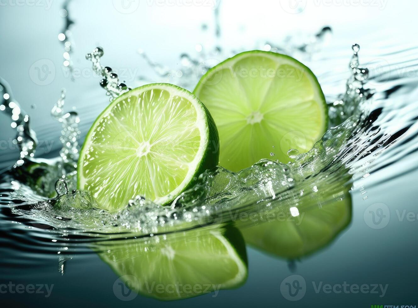 Natural fresh lime with water drops and sliced, green leaf isolated on white background. Created with Generative AI technology. photo
