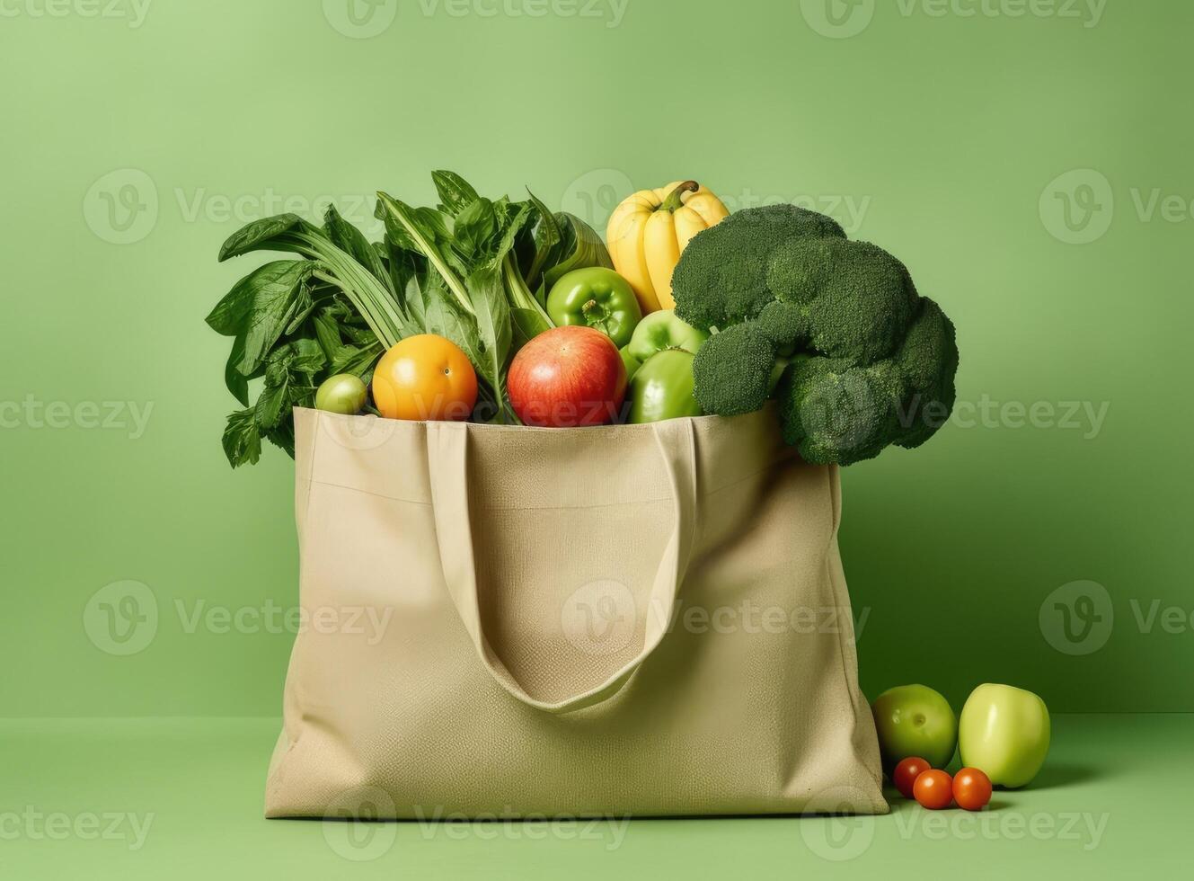 Eco bag with products on color background. Created with Generative AI technology. photo