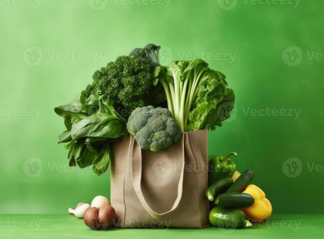 Eco bag with products on color background. Created with Generative AI technology. photo