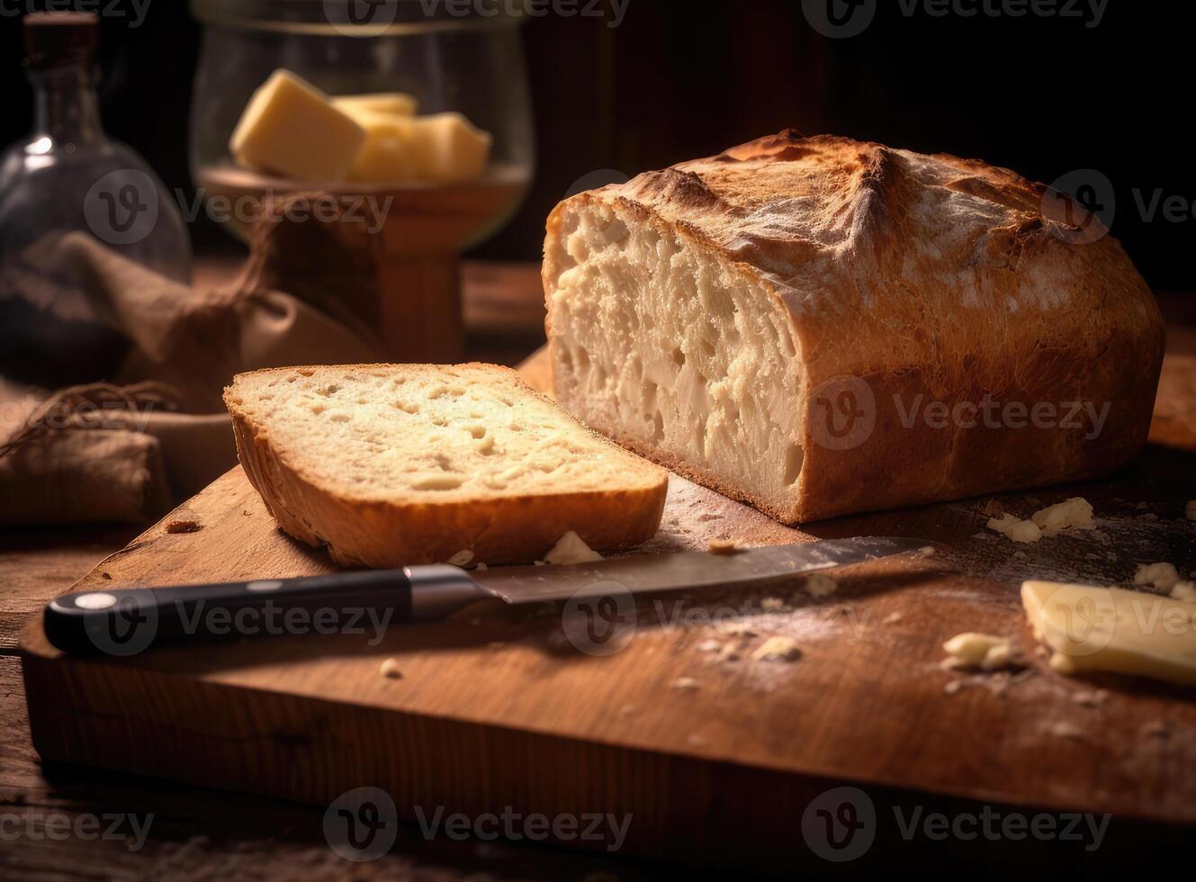 Foil wrapped processed cream cheese, table knife and slice of bread on a cutting board over blue wooden table. Small triangular pieces of soft cheese. Created with Generative AI technology. photo