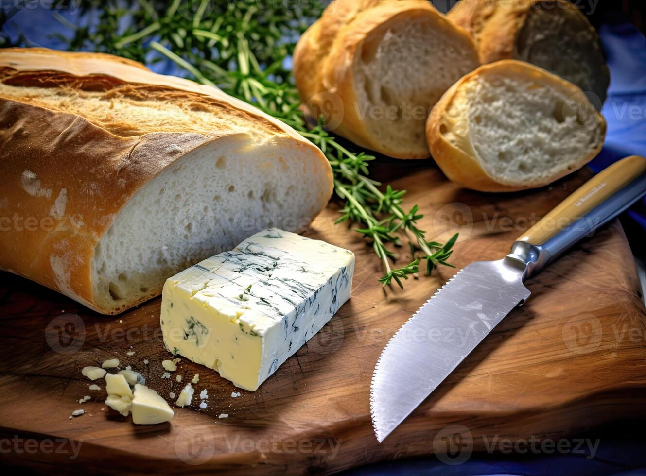 Foil wrapped processed cream cheese, table knife and slice of bread on a cutting board over blue wooden table. Small triangular pieces of soft cheese. Created with Generative AI technology. photo