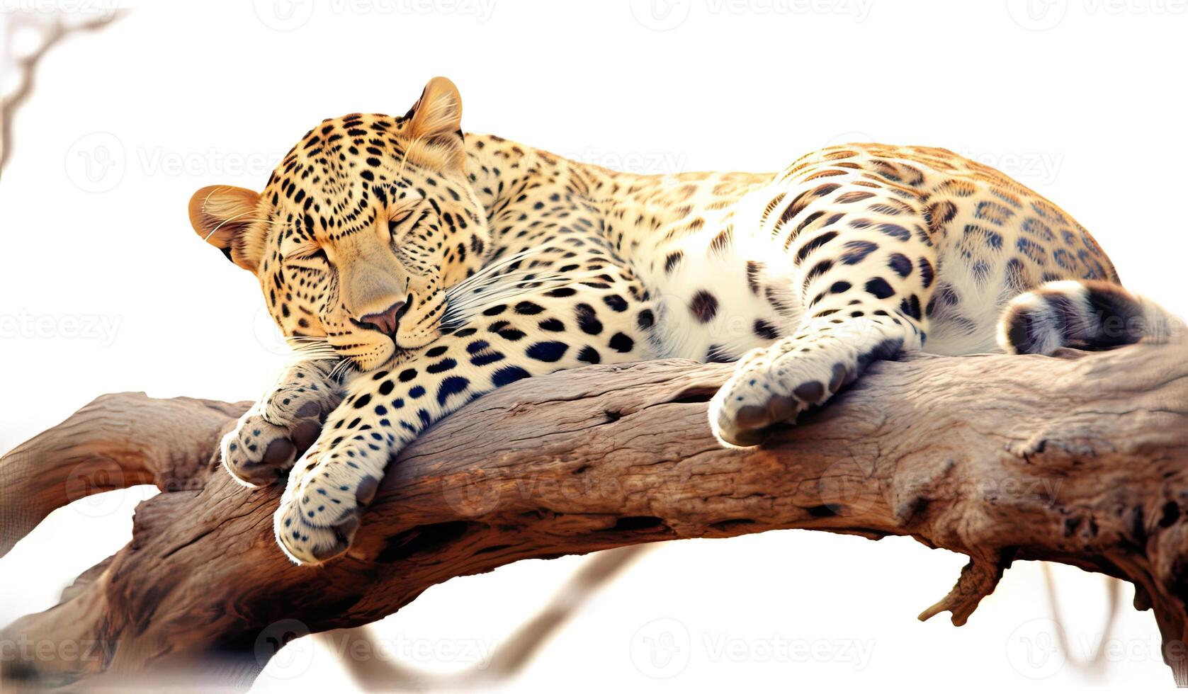 Sri Lankan leopard, Panthera pardus kotiya, laying on a tree, surrounded by dense vegetation. Created with Generative AI technology. photo
