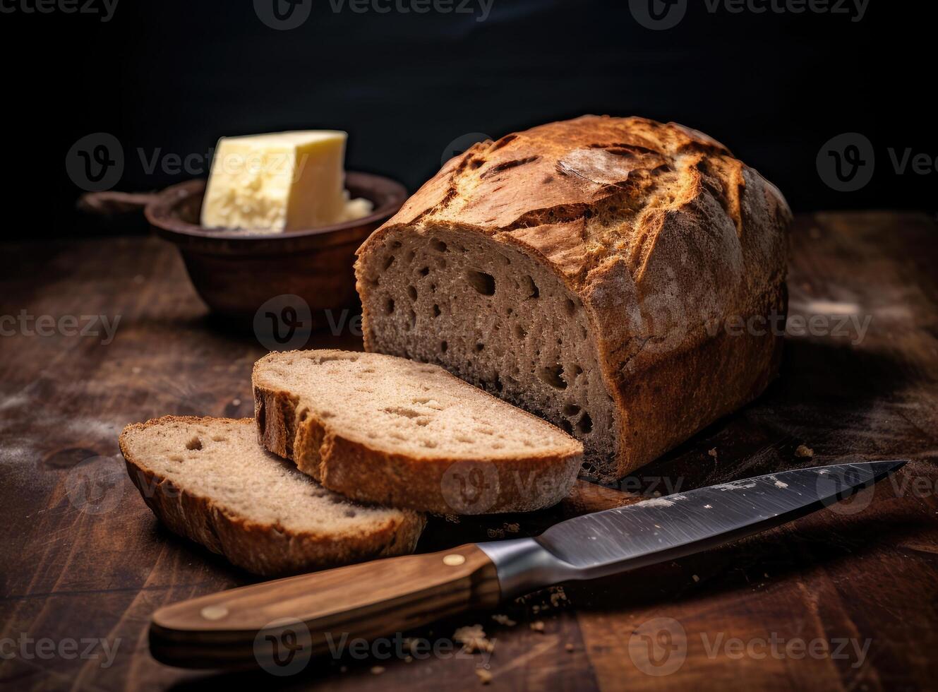 Foil wrapped processed cream cheese, table knife and slice of bread on a cutting board over blue wooden table. Small triangular pieces of soft cheese. Created with Generative AI technology. photo