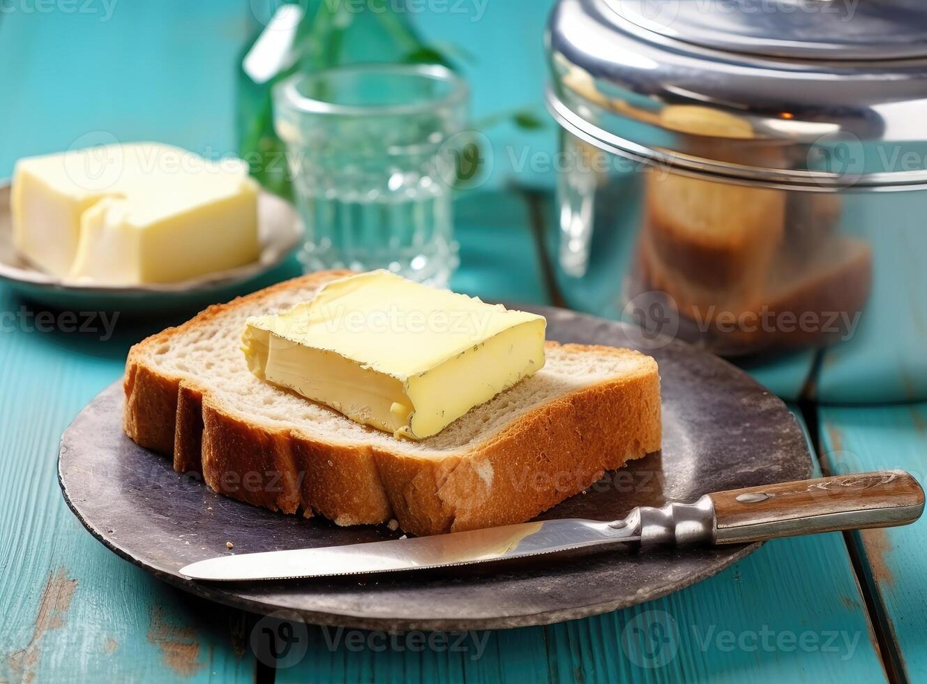 Foil wrapped processed cream cheese, table knife and slice of bread on a cutting board over blue wooden table. Small triangular pieces of soft cheese. Created with Generative AI technology. photo