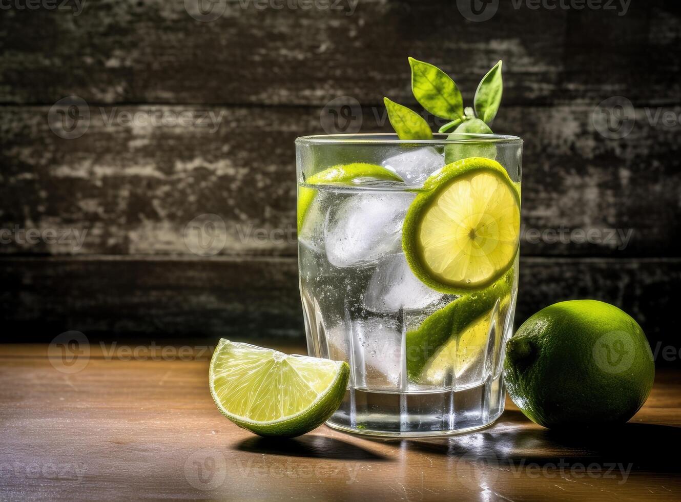 Organic cold refreshing lemonade drink or cocktail made of sparkling water, lime slices and fresh green mint leaves served in tall drinking glass Created with Generative AI technology. photo