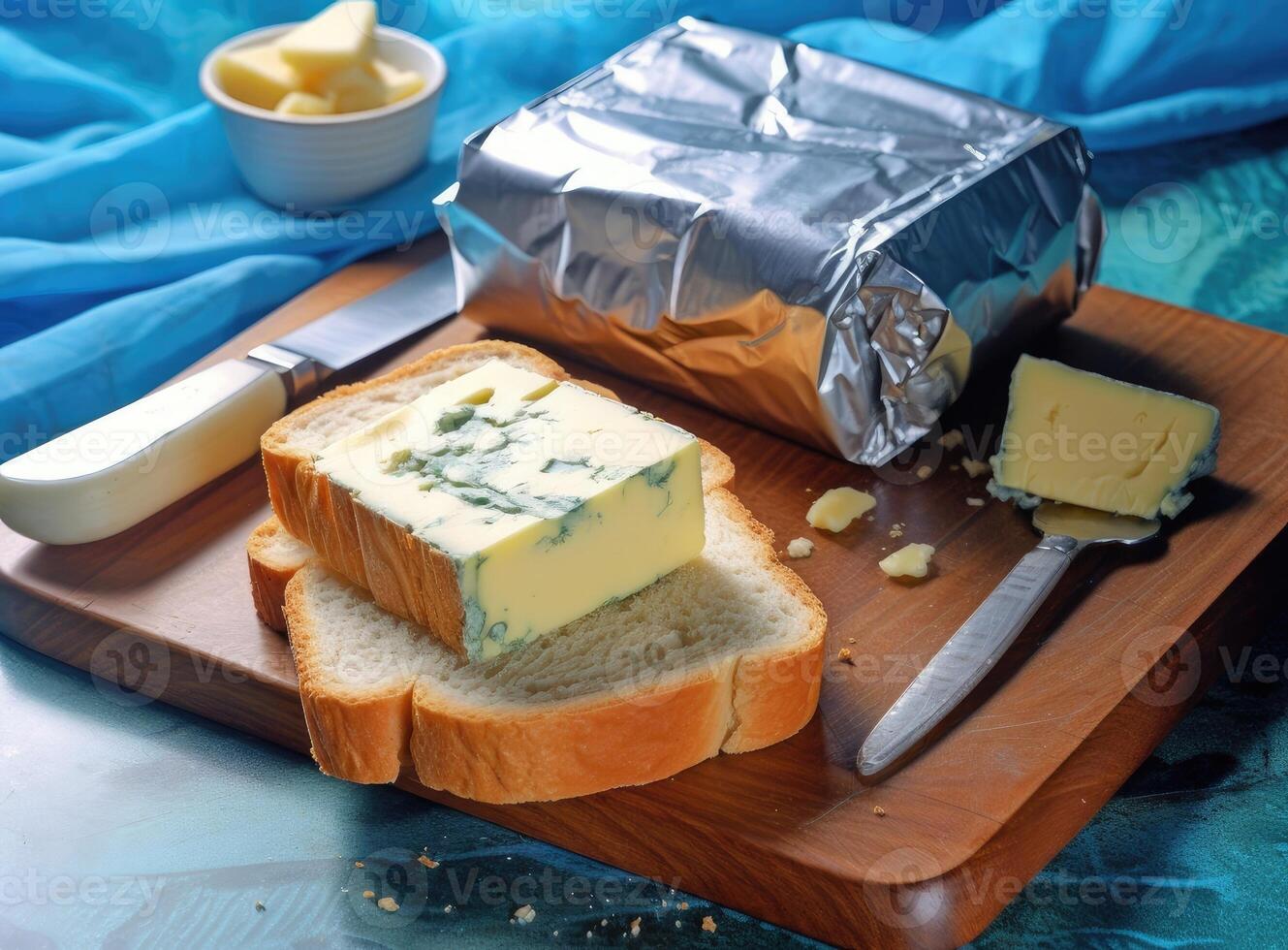 Foil wrapped processed cream cheese, table knife and slice of bread on a cutting board over blue wooden table. Small triangular pieces of soft cheese. Created with Generative AI technology. photo