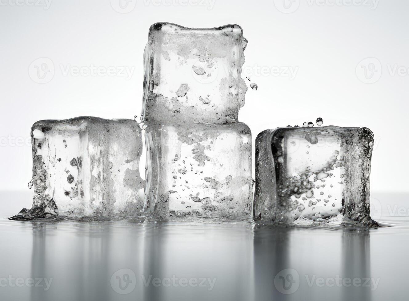 Three melting ice cubes on glass table. On white background. Created with Generative AI technology. photo