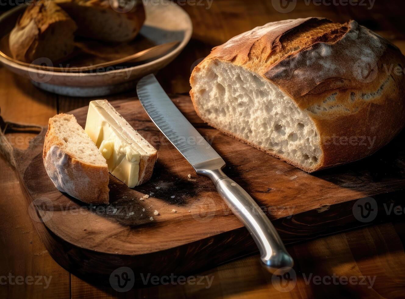 Foil wrapped processed cream cheese, table knife and slice of bread on a cutting board over blue wooden table. Small triangular pieces of soft cheese. Created with Generative AI technology. photo