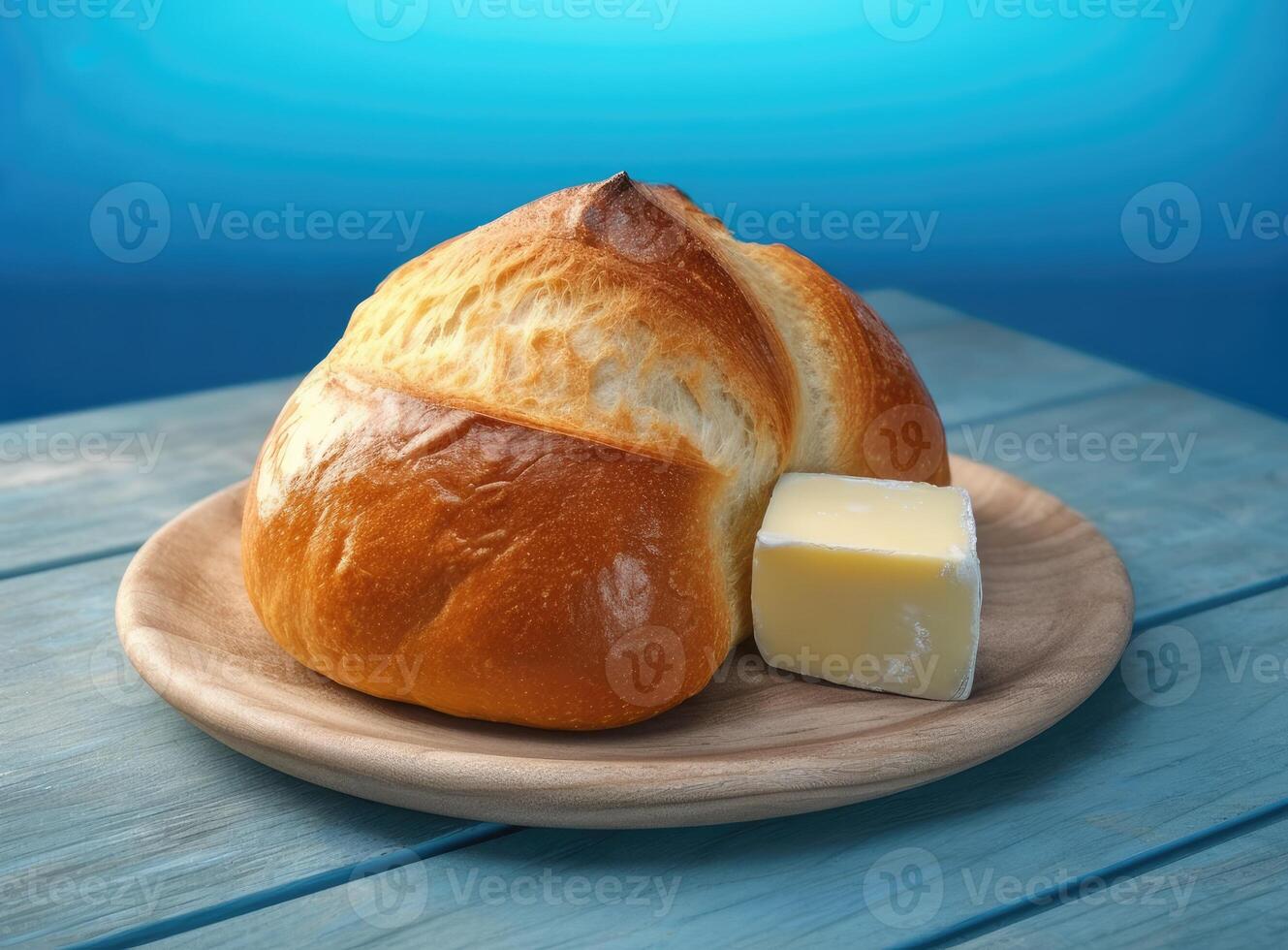 Foil wrapped processed cream cheese, table knife and slice of bread on a cutting board over blue wooden table. Small triangular pieces of soft cheese. Created with Generative AI technology. photo