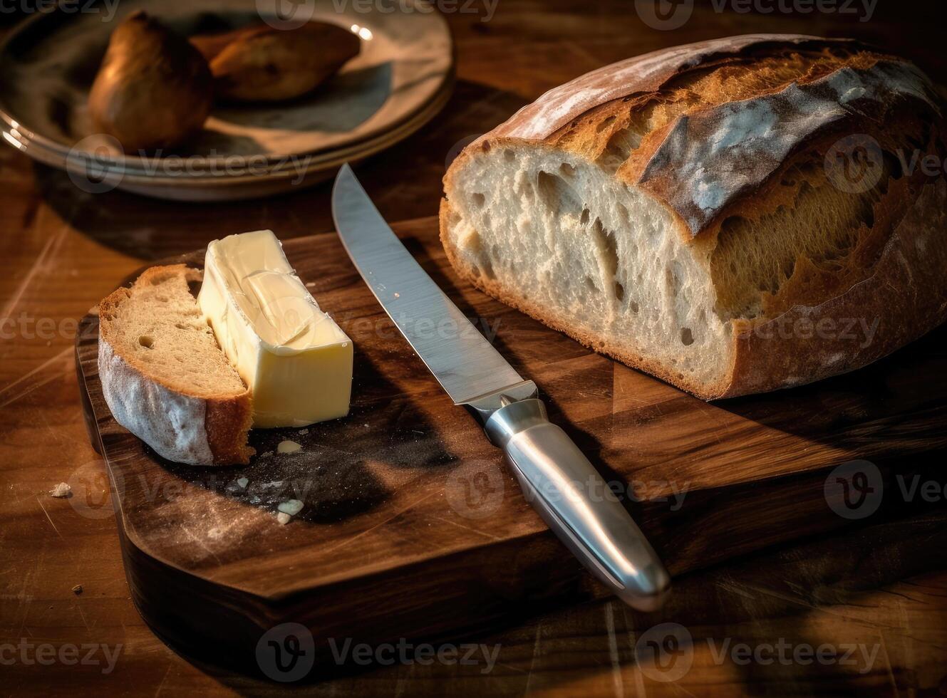 Foil wrapped processed cream cheese, table knife and slice of bread on a cutting board over blue wooden table. Small triangular pieces of soft cheese. Created with Generative AI technology. photo