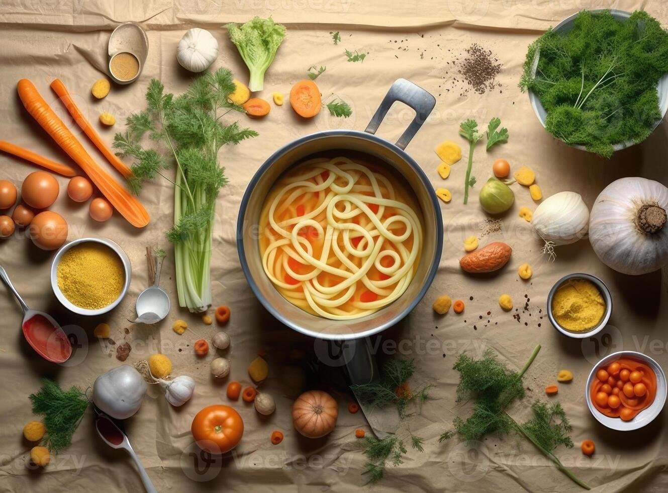 Fresh fish soup in bowl on black background, top view. Created with Generative AI technology. photo