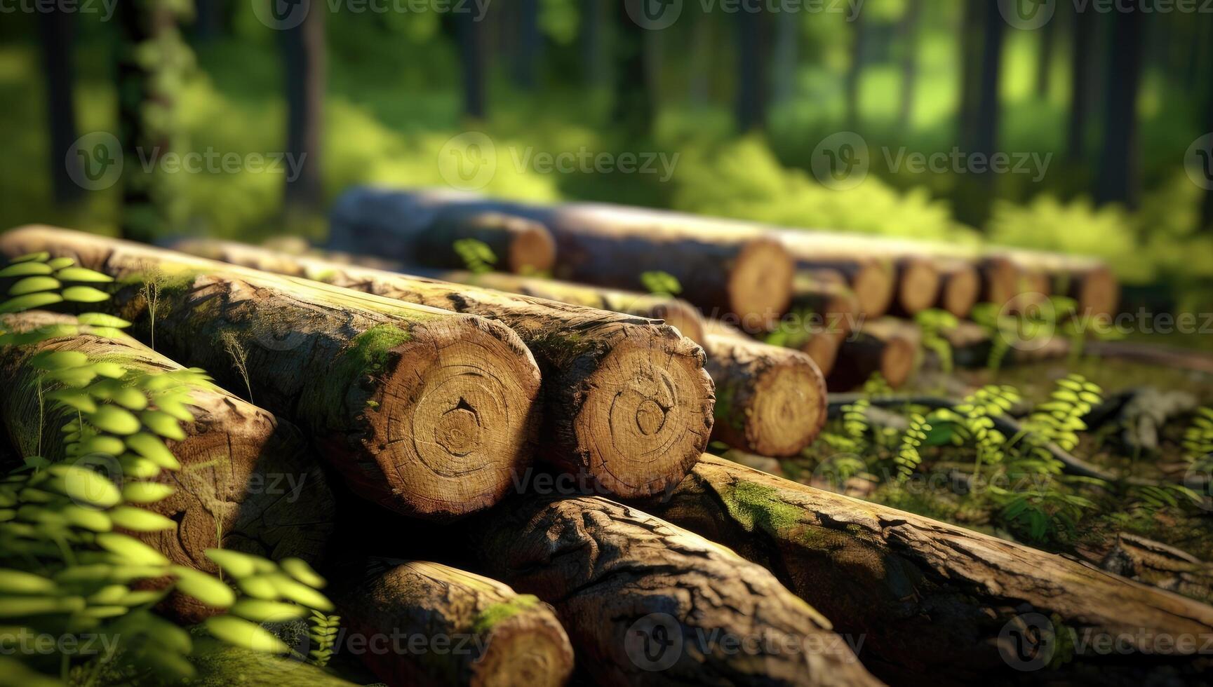 Forest pine and spruce trees. Log trunks pile, the logging timber wood industry. Wide banner or panorama wooden trunks. Created with Generative AI technology. photo