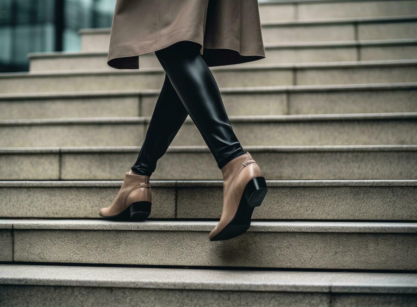 Legs and feet detail of businesswoman climbing stairs outdoors. Created with Generative AI technology. photo