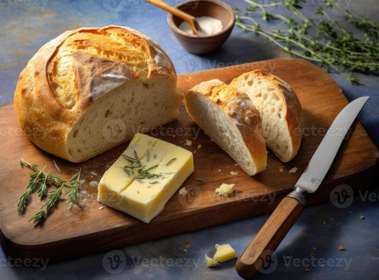 Foil wrapped processed cream cheese, table knife and slice of bread on a cutting board over blue wooden table. Small triangular pieces of soft cheese. Created with Generative AI technology. photo
