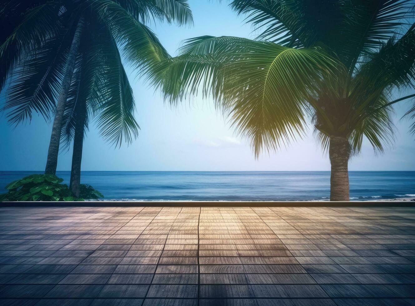 vacío de madera mesa y palma hojas con fiesta en playa borroso antecedentes en verano tiempo. creado con generativo ai tecnología. foto