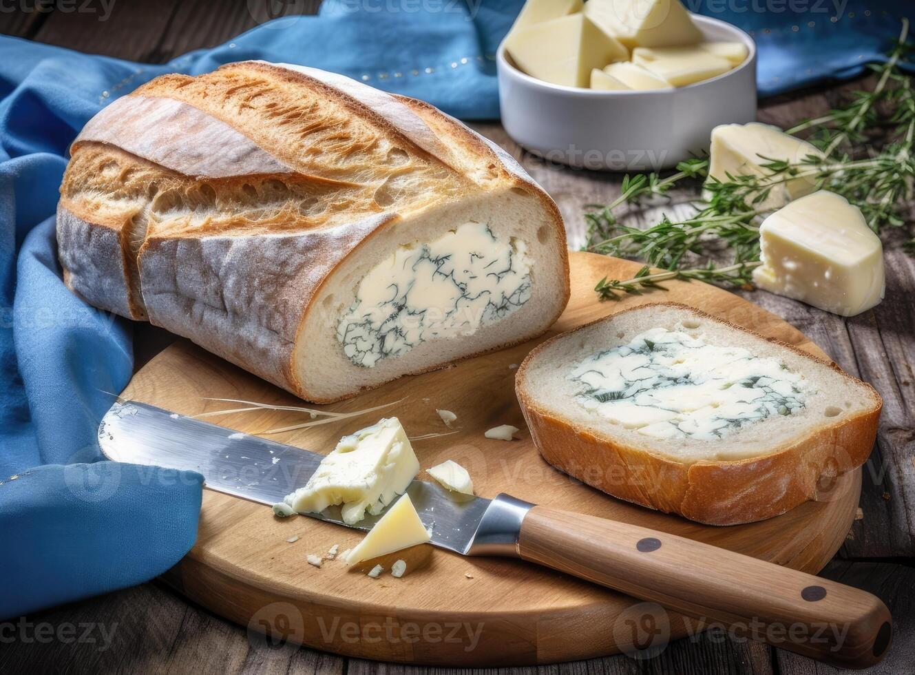 Foil wrapped processed cream cheese, table knife and slice of bread on a cutting board over blue wooden table. Small triangular pieces of soft cheese. Created with Generative AI technology. photo